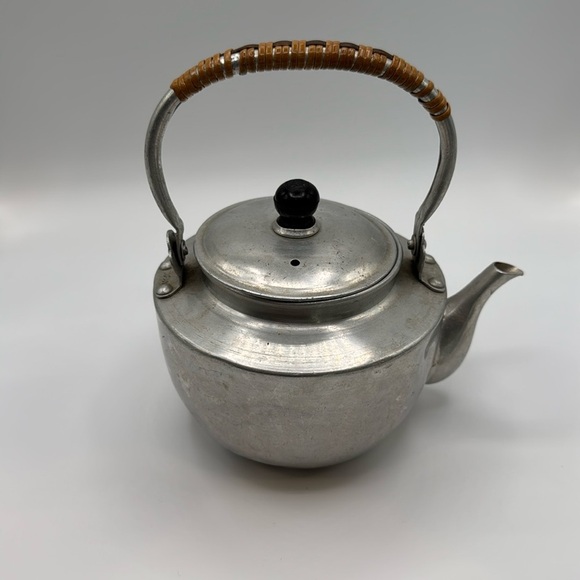 Vintage Aluminum Tea Pot Bamboo Handle Hot Water Tea Kettle - Picture 1 of 12